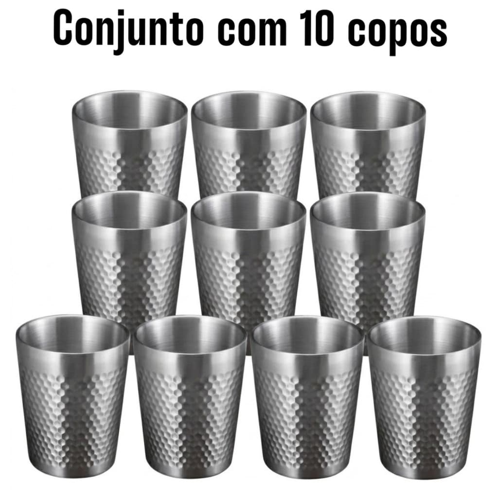 Conjunto 10 Copos em Inox 175ml Parede Dupla