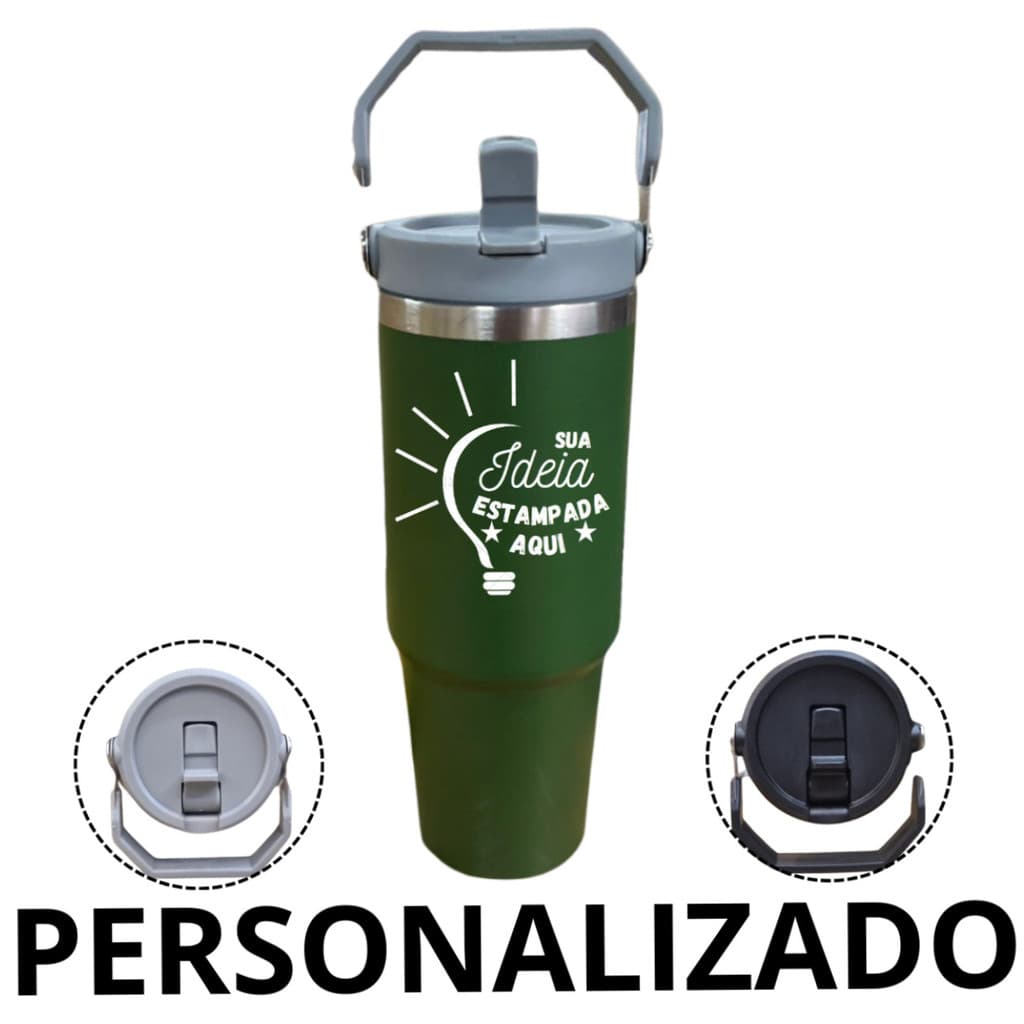 Personalizado - Garrafa Flip Straw Tumbler com Alça Superior e Canudo (900ml) - Verde Militar