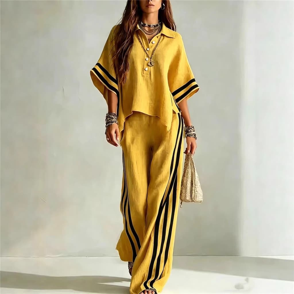 Novo 2026 Primavera Verão Feminino Manga De Três Quartos Lapela Camisa Topos + Calças Listradas Soltas Casual Conjunto D