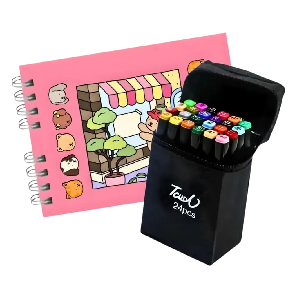 Kit 24 Canetinhas + Livro De Colorir 48 Folhas Desenhos Prontos Infantil