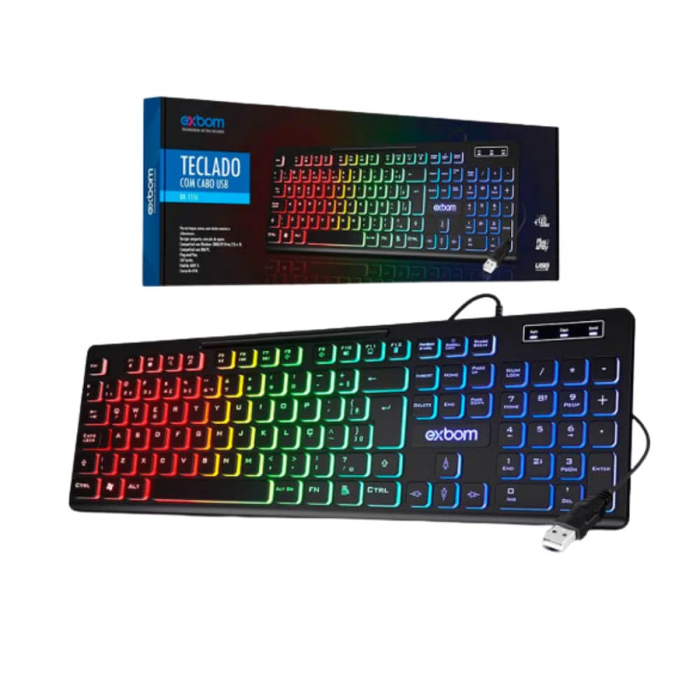Teclado Gamer Multimídia LED RGB Semi Mecânico Plug & Play Computador Notebook ABNT2 Exbom BK-155C
