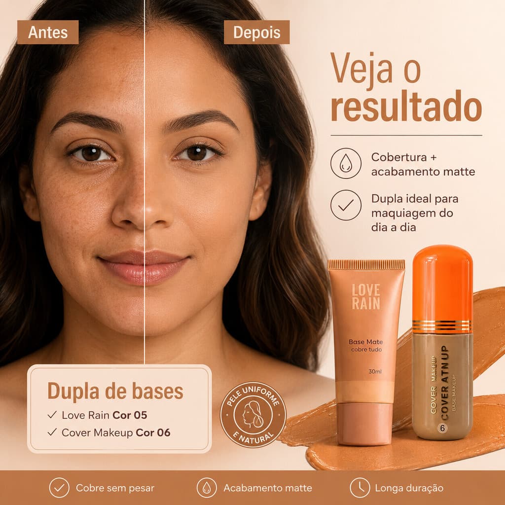 Kit 2 Bases Líquidas Matte Alta Cobertura Love Rain 05 + Cover Makeup 06 Pele Morena e Negra-LR-2024-5+LR-F2016-6