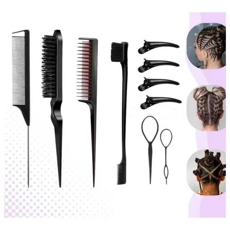 Kit 10 Peças Pente Escova Cabelo Ferramenta Para Trança Clipe Bico de Pato Disponível Rosa Roxo Preto