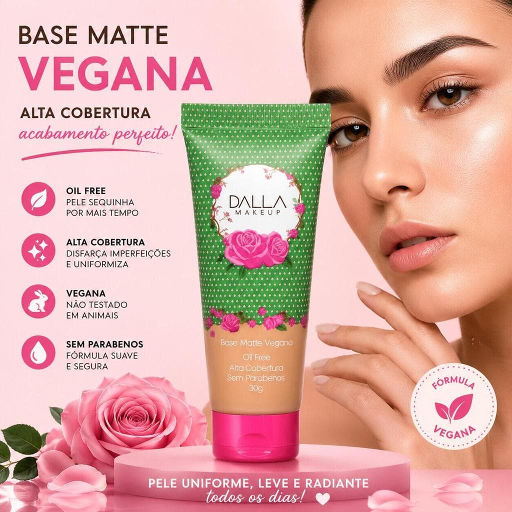 Base Líquida Matte Vegana Dalla DL904C Textura Leve Cobertura Uniforme e Controle da Oleosidade