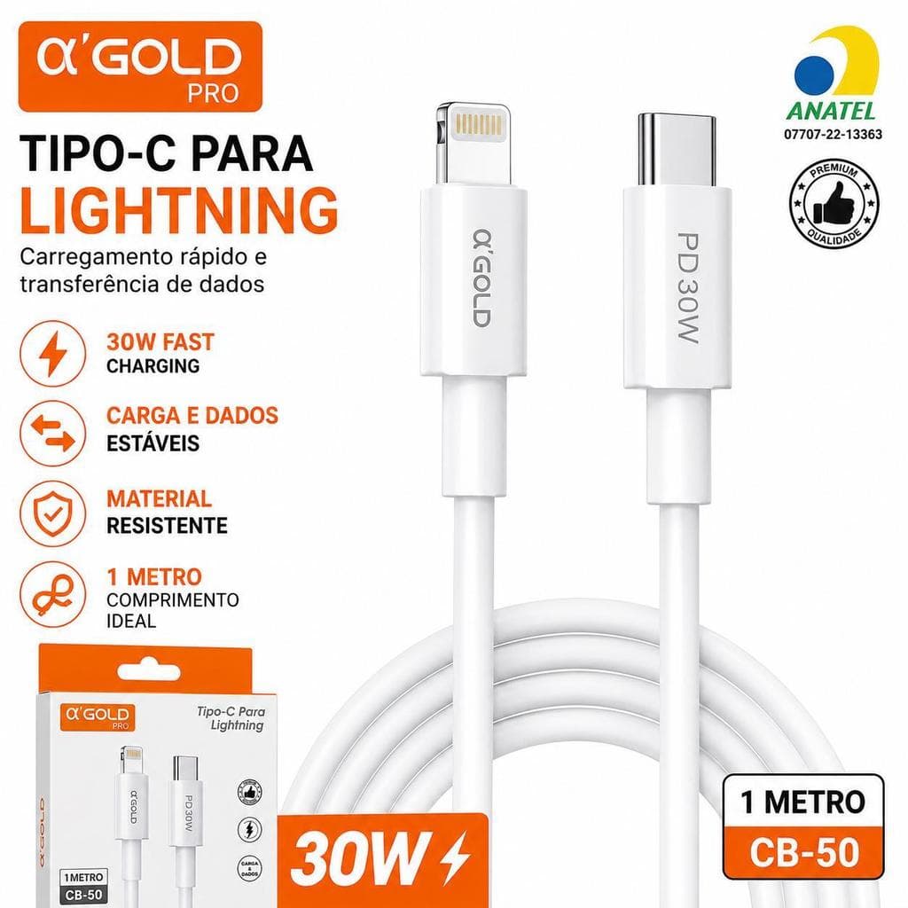 Cabo USB-C para Lightning A'GOLD PRO CB-50 30W PD Carregamento Rápido e Transferência de Dados 1 Metro