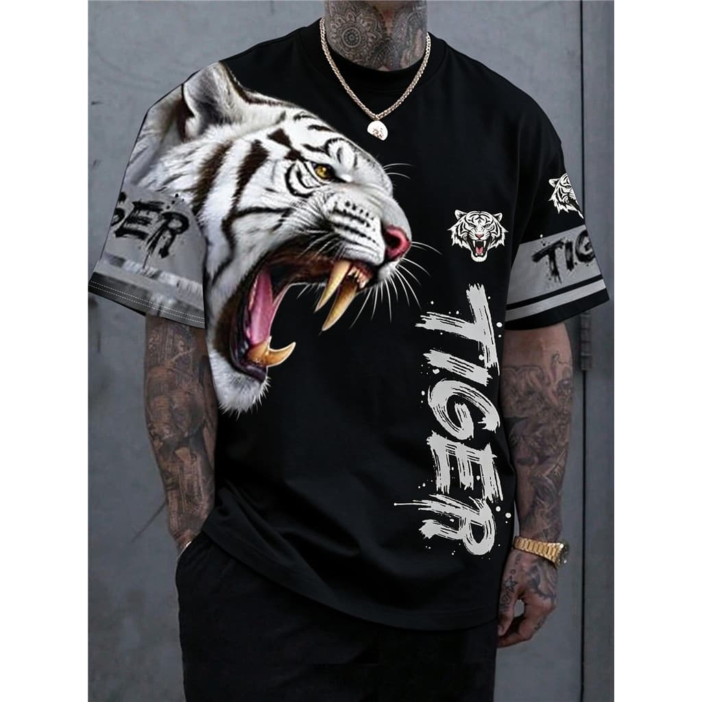Camiseta Masculina Streetwear Gola Redonda Manga Curta , 3D Rugindo Tigre Branco Impressão Completa Gráfico , Moda Casua