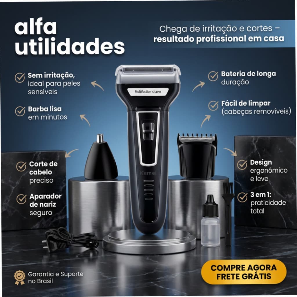 Aparador De Barba 3 Em 1 Kemei Recarregável Bivolt Completo