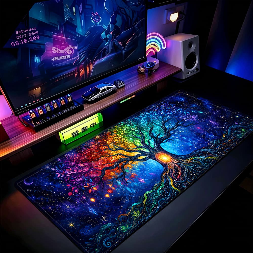 Tapete De Rato Para Jogos Fantasy Cosmic Tree 80x30cm Teclado Grande Com Bordas Costuradas Antiderrapantes
