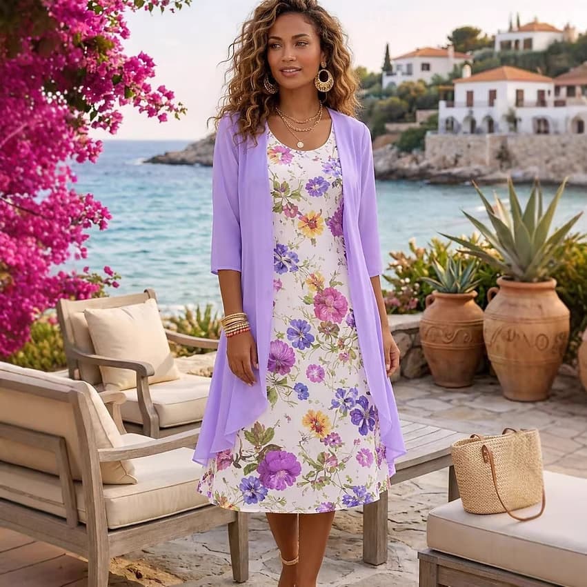 Elegante Feminino Casual Solto Midi Vestido De Duas Peças Conjuntos Primavera Verão Moda Impressão Sem Mangas + Cardigan