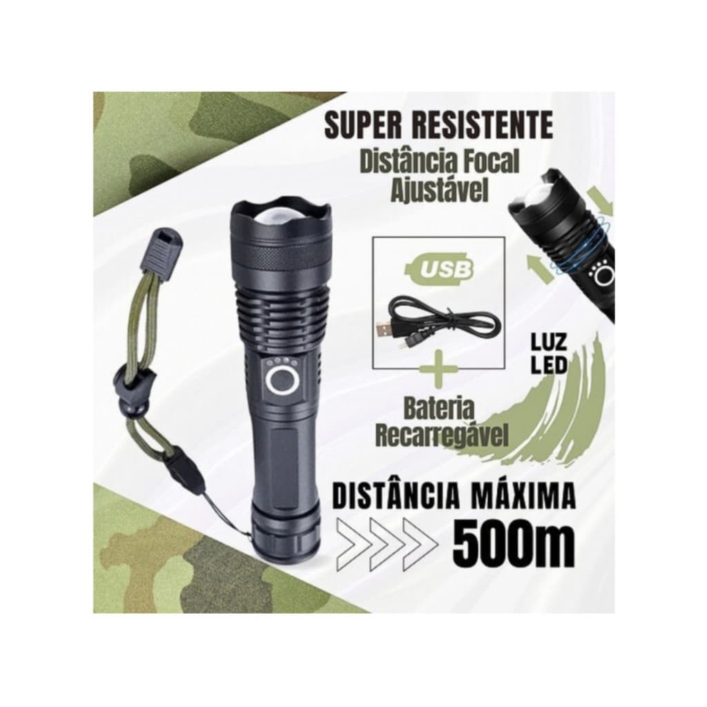 Lanterna Tática Portátil Bateria Recarregável Luz LED com Alça