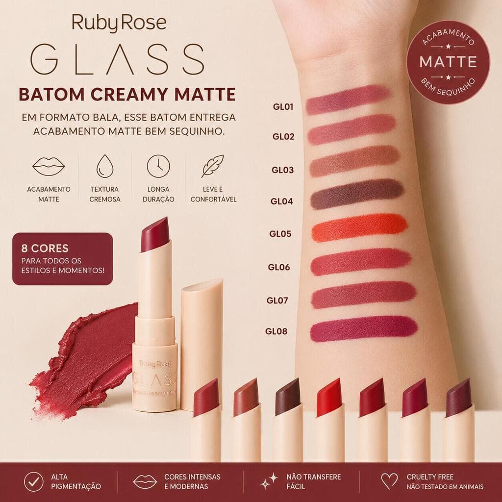 Batom Aveludado Ruby Rose HB-F567 Alta Pigmentação Acabamento Matte e Cobertura Uniforme