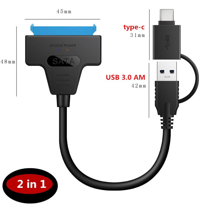Sata dois em um USB3.0 tipo-c Cabo Easy-Drive Cabo de disco rígido Cabo de unidade óptica de 2,5/3,5 polegadas com luz