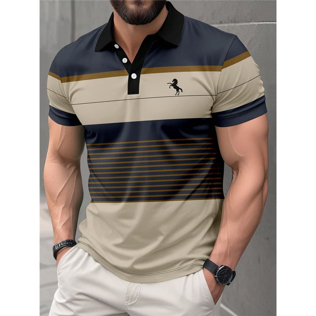 Camisa Polo Masculina Com Listras Contrastantes E Logotipo De Cavalo Lapela Diária De Manga Curta