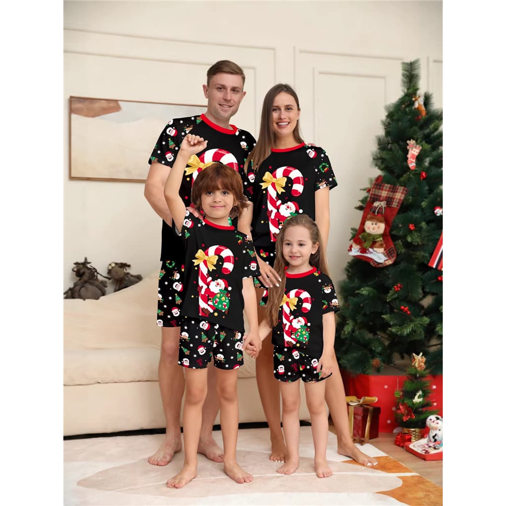 Natal Família Combinando Roupas De Manga Curta O Pescoço Camiseta + Calças Compridas 2 Pçs Terno Pijamas Adultos Criança