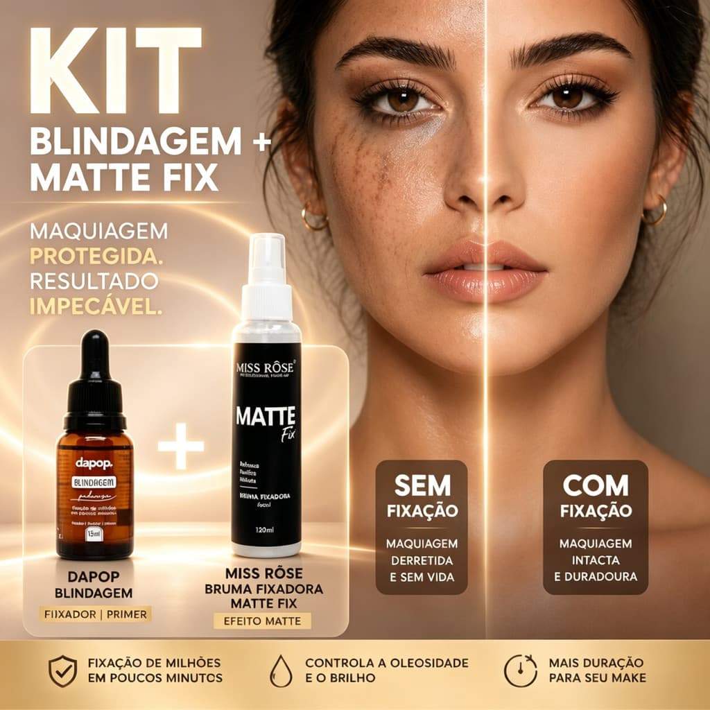 Kit Fixação de Maquiagem com Blindagem Dapop + Bruma Fixadora Miss Rôse Matte – Longa Duração