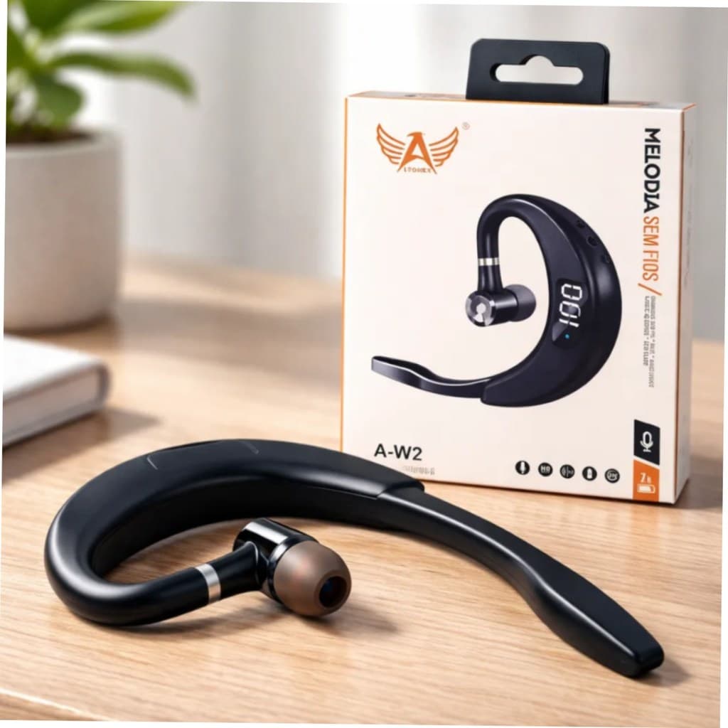 Fone Bluetooth com Microfone Headset Sem Fio Gancho de Orelha Display LED A-W2 para Trabalho Motorista