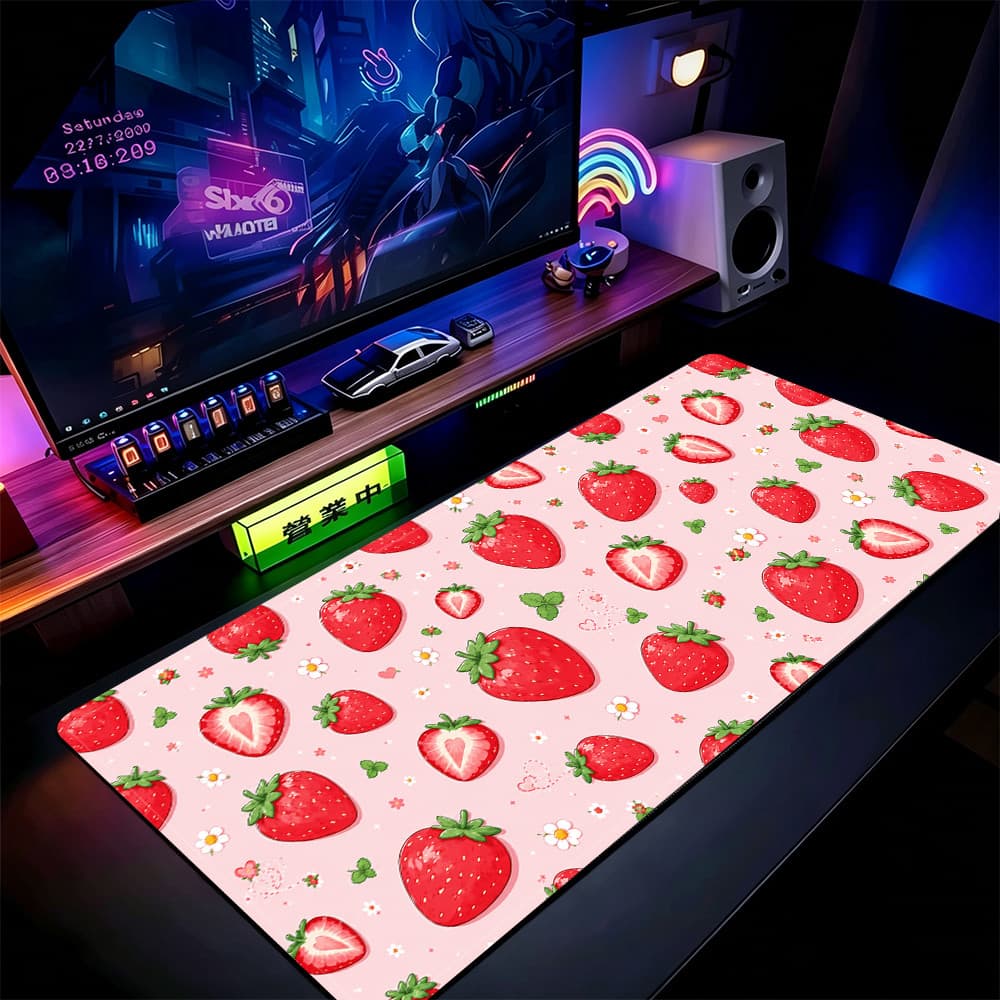 Bonito Morango Padrão Mouse Pad 80x30cm Tapete De Mesa De Jogos Estendido Base Antiderrapante Bordas Costuradas