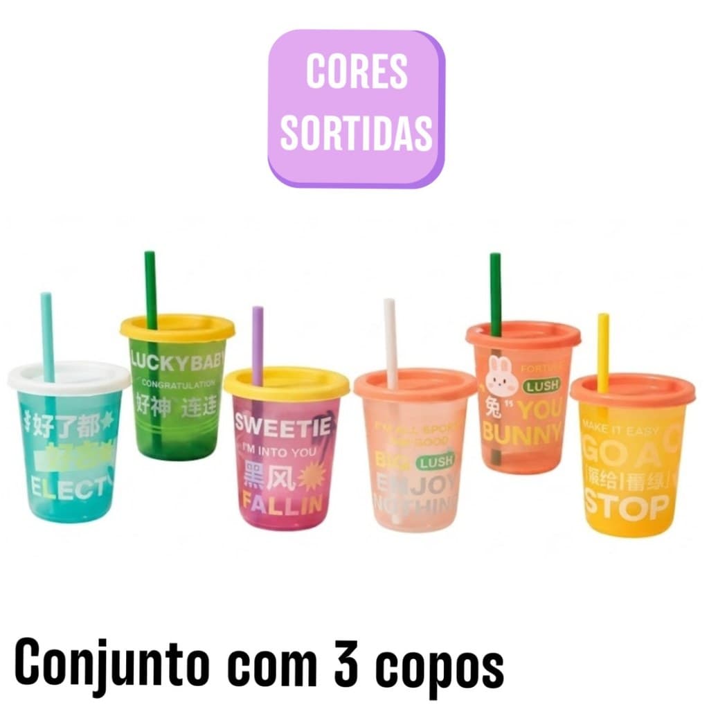 Conjunto 3 Copos Infantis com canudo - (Cores Sortidas)