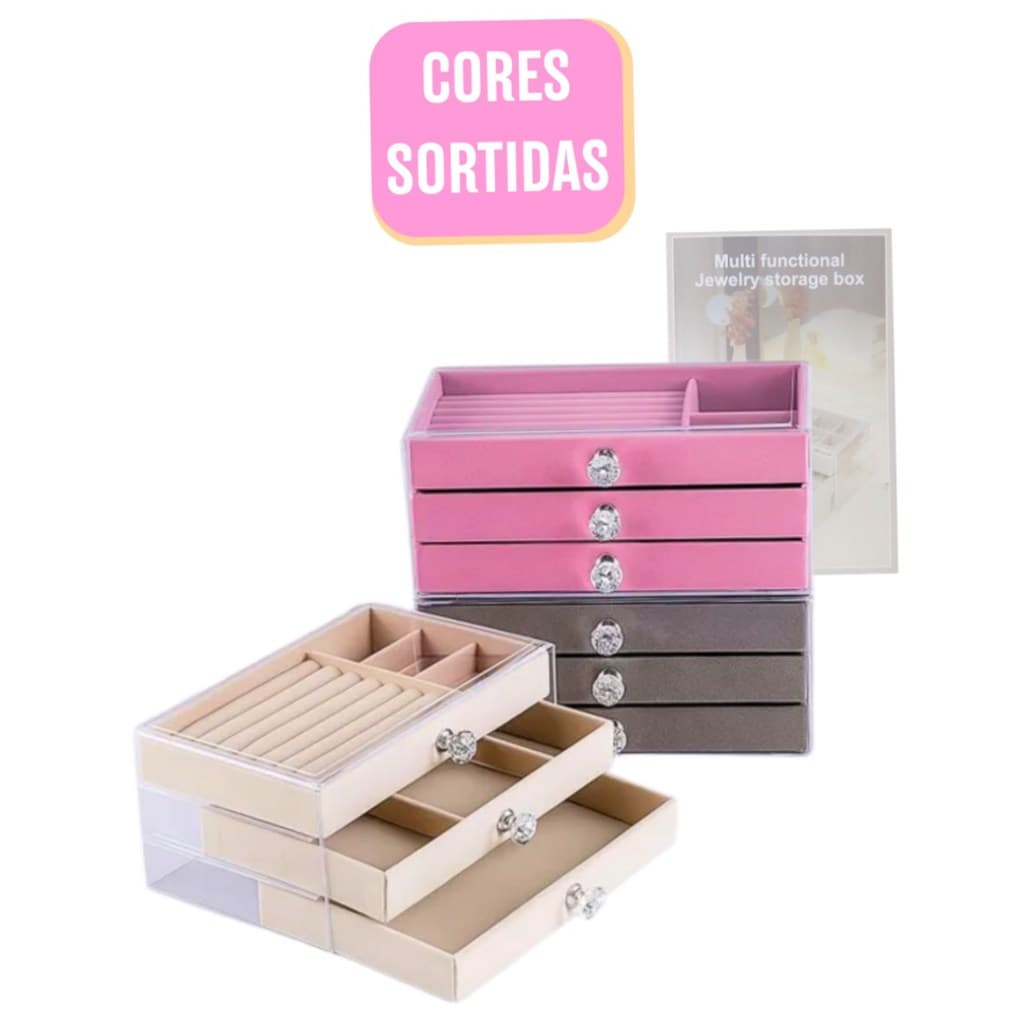 Maleta Porta Joias Expositor de Luxo 3 Gavetas Veludo Acrílico - (Cores Sortidas)