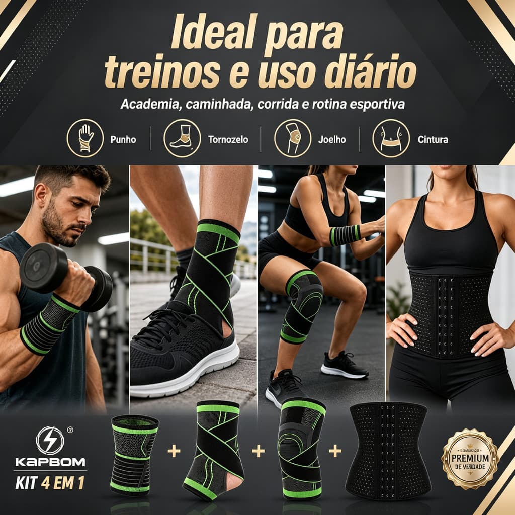 Kit Esportivo com Munhequeira, Tornozeleira, Joelheira e Cinta Modeladora – 4 ou 7 Peças