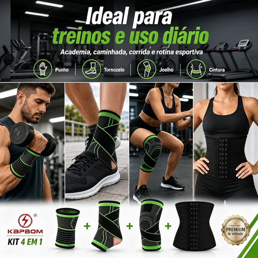 Kit de Equipamentos Esportivos – Munhequeira, Tornozeleira, Joelheira e Cinta (4/7 Itens)