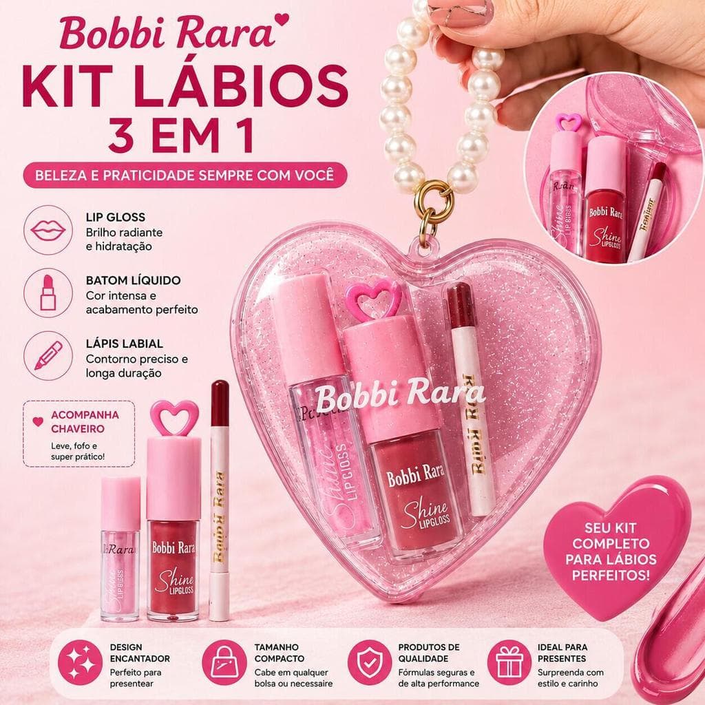 Gloss Labial Bobbi Rara BRB-227 com Glitter e Pulseira Acessório 3 em 1 para os Lábios