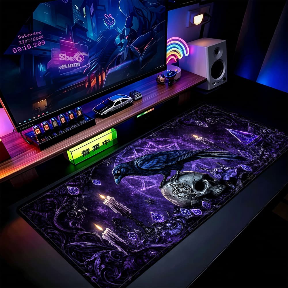 Tapete De Rato Roxo Raven Skull 80x30cm Mesa De Jogos Estendido Base Antiderrapante Bordas Costuradas
