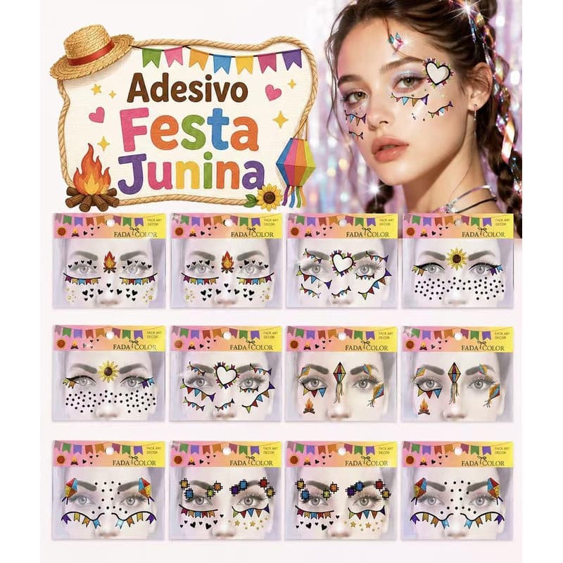 Kit Com 3/6/12 Adesivos Facial Glitter Festa Junina Sortidos