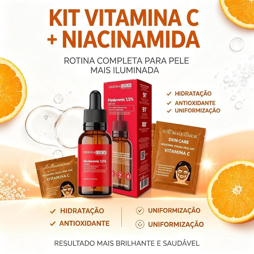 Kit Skincare DERMACHEM: Sérum Ácido Hialurônico 1,5% com Niacinamida + 2 Máscaras Vitamina C, Hidratação e Luminosidade