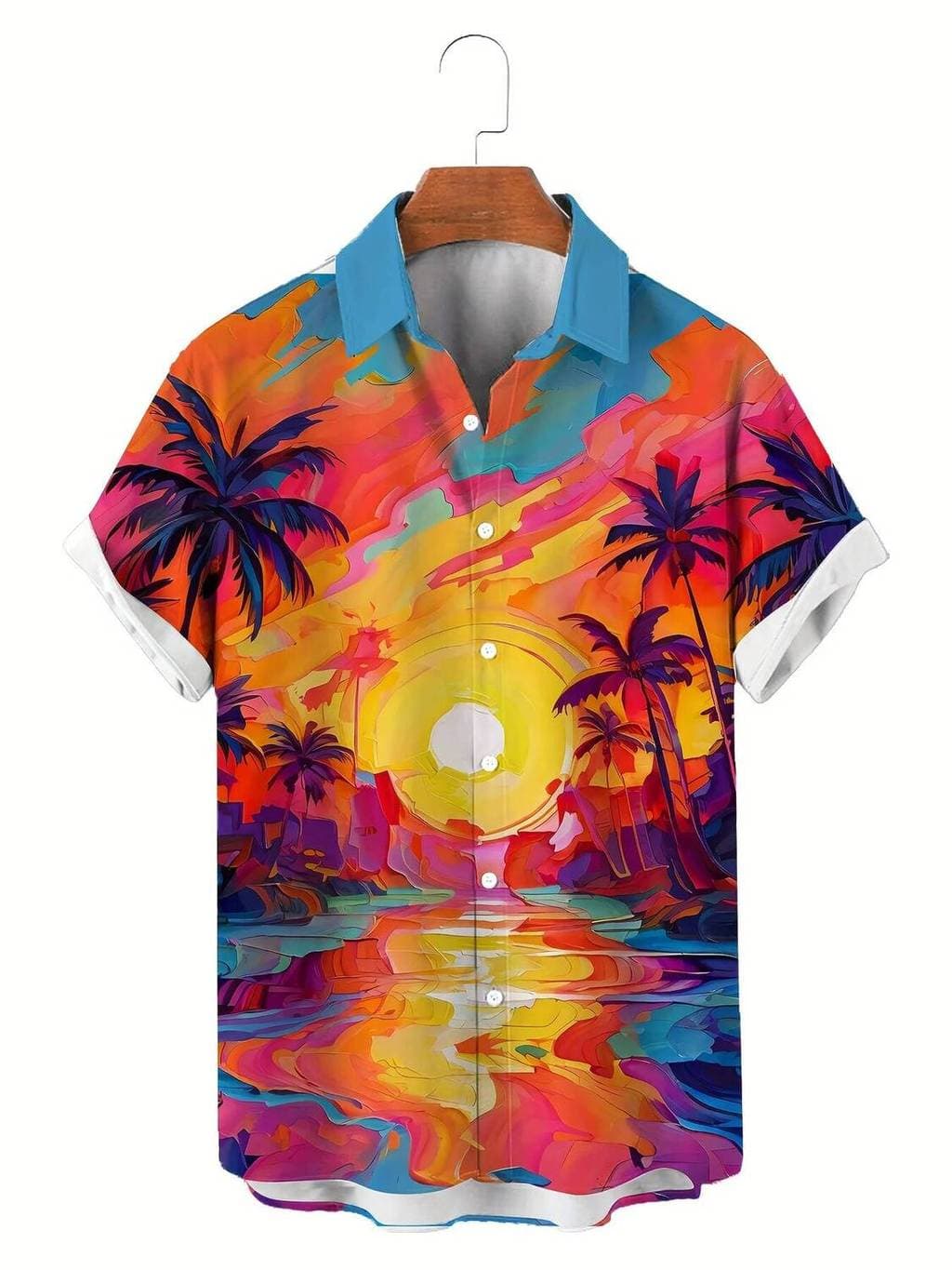 Camisa Masculina Colorida Abstrata Pôr Do Sol Palmeira Manga Curta Casual Havaiano Botão Para Baixo Camisas Homens Praia