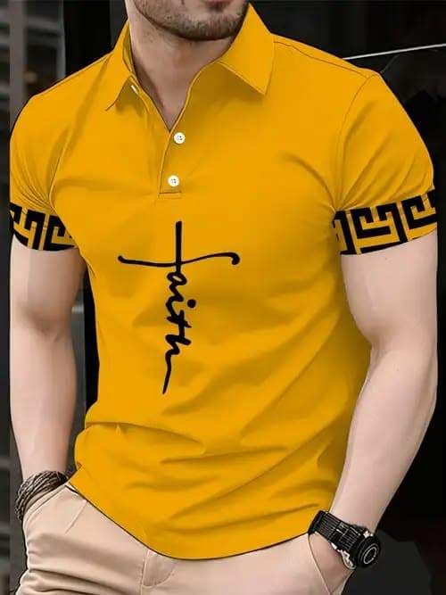 Camisa Polo Masculina Fé Com Estampa Cruzada , Chave Grega , Lapela , Manga Curta , Camiseta Streetwear