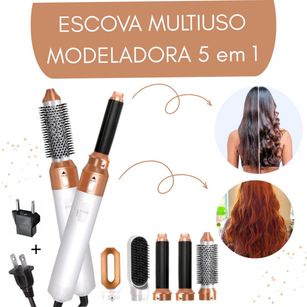 PREMIUM Branca c/ Dourada - Escova 5 em 1 Multiuso 110V - Seca, Modela, Alisa e Penteia