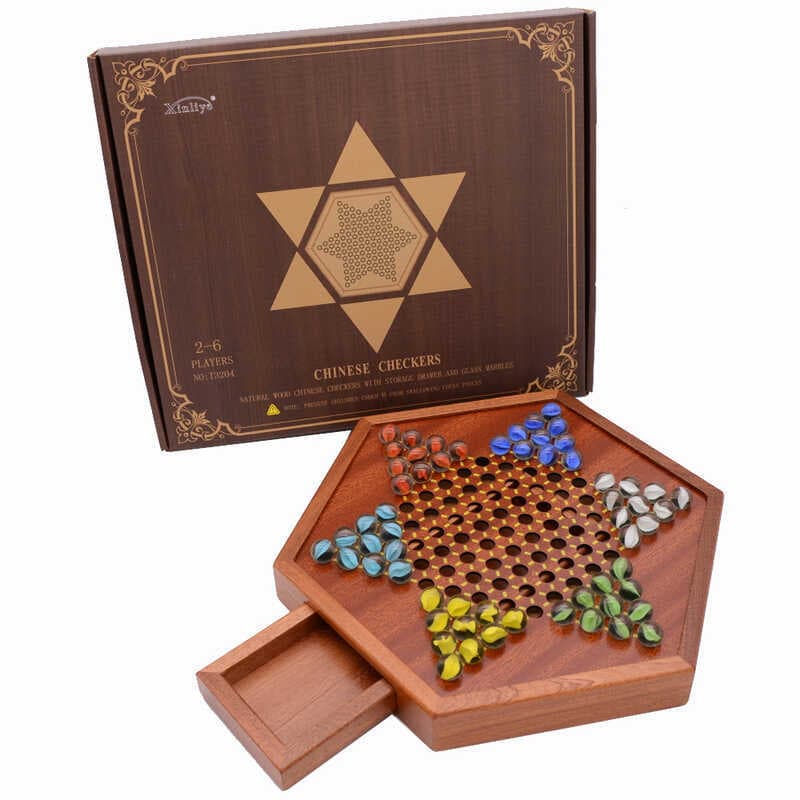 Contas de vidro Hexagonal damas gaveta armazenamento jogar jogos de xadrez brinquedos educativos de ano de idade madeira