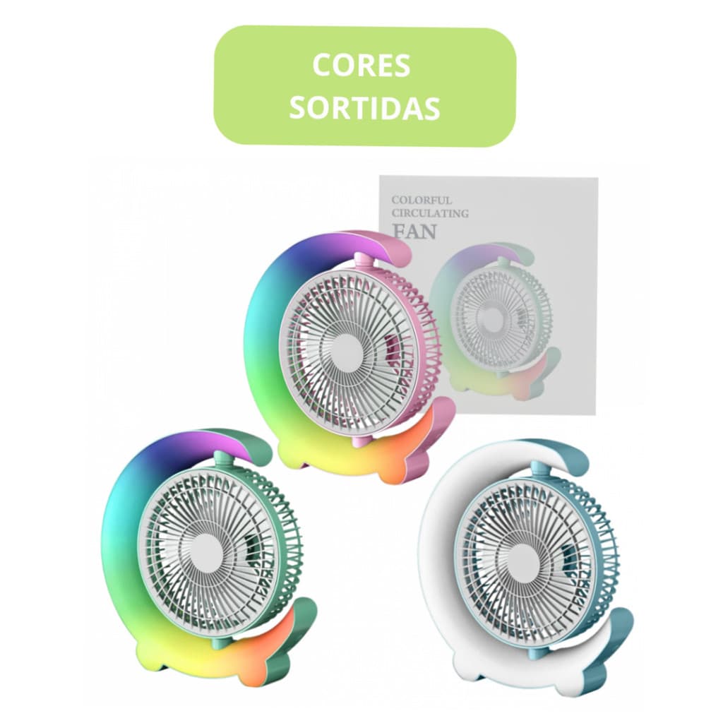 Ventilador Portátil Recarregável de Mesa Iluminação LED RGB Circulating Fan - ( Cores Sortidas)