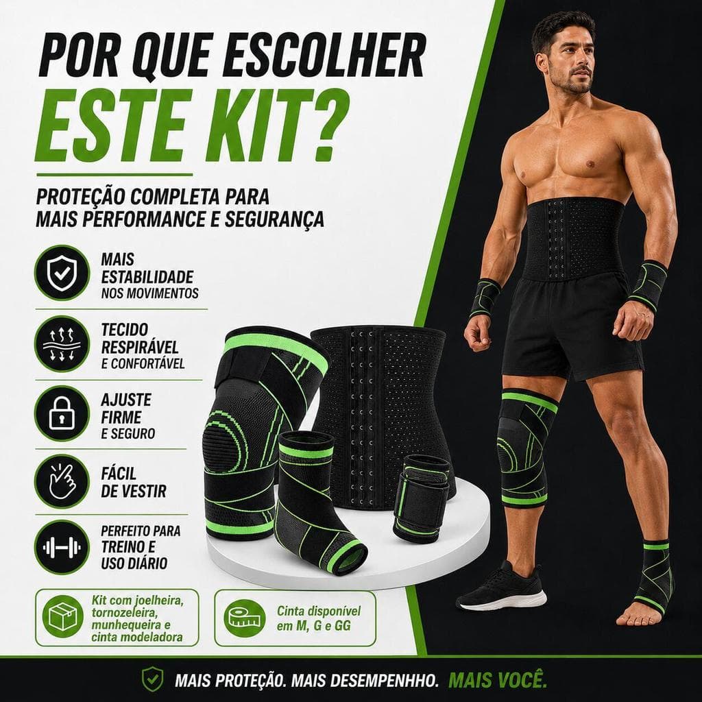 Kit Esportivo Masculino 4 em 1 Joelheira Tornozeleira Munhequeira Ajustável Cinta Modeladora Academia Treino Corrida