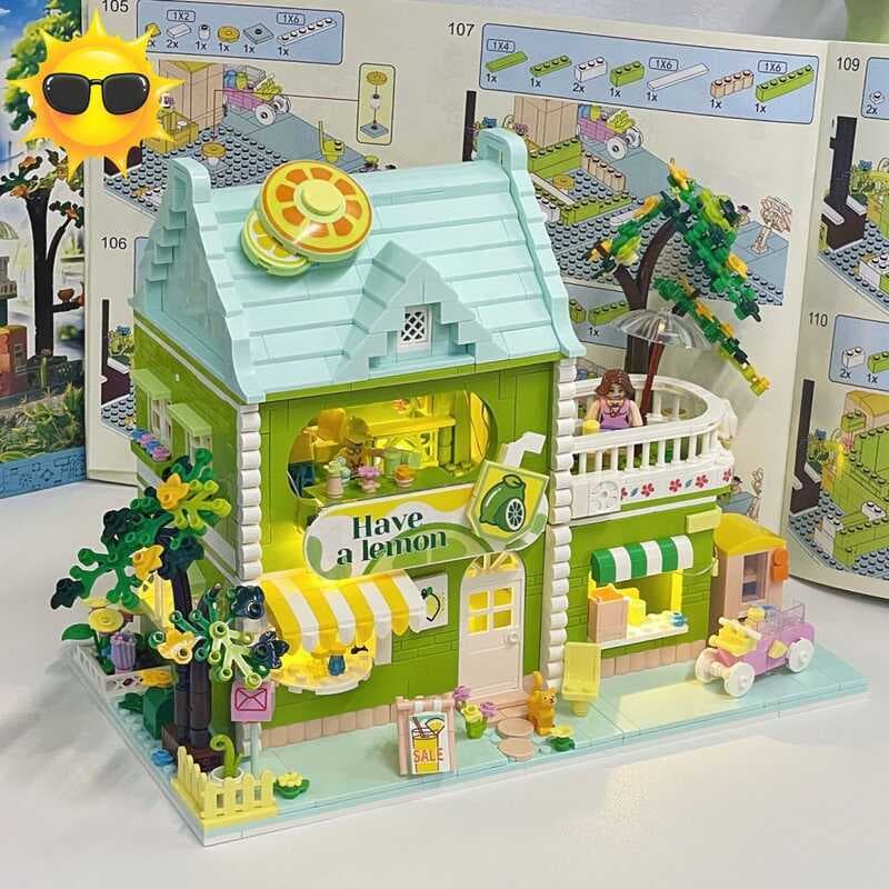 Compatível com Lego Zhegao Street View Lime Tea Shop Oficina de Chocolate Montagem de blocos de construção de partículas