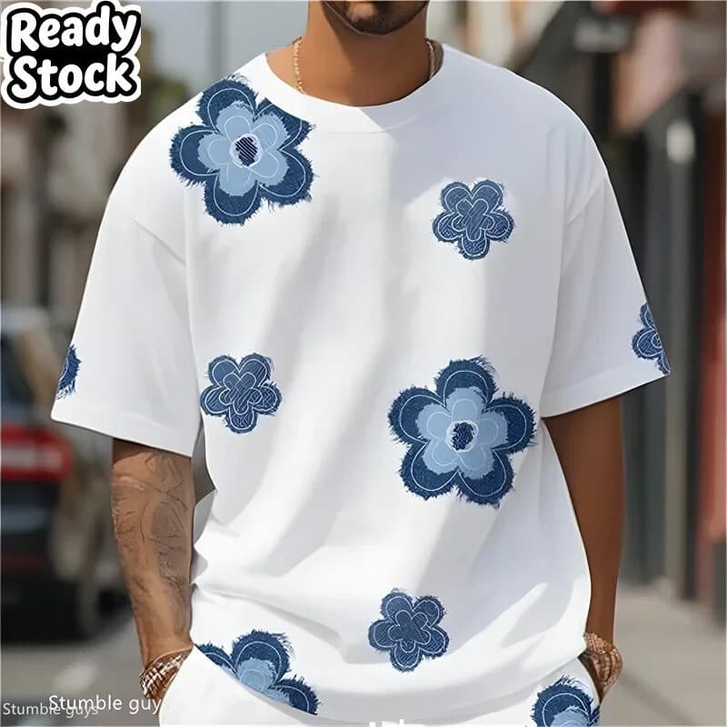 Moda Masculina Uso Diário Camiseta Verão Retro Padrão Solto Manga Curta Confortável Macio Oversized 3D Masculino De Topo