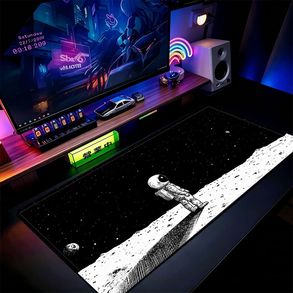 Astronauta Na Lua Mouse Pad 80x30cm Tapete De Mesa De Jogos Estendido Base Antiderrapante Bordas Costuradas