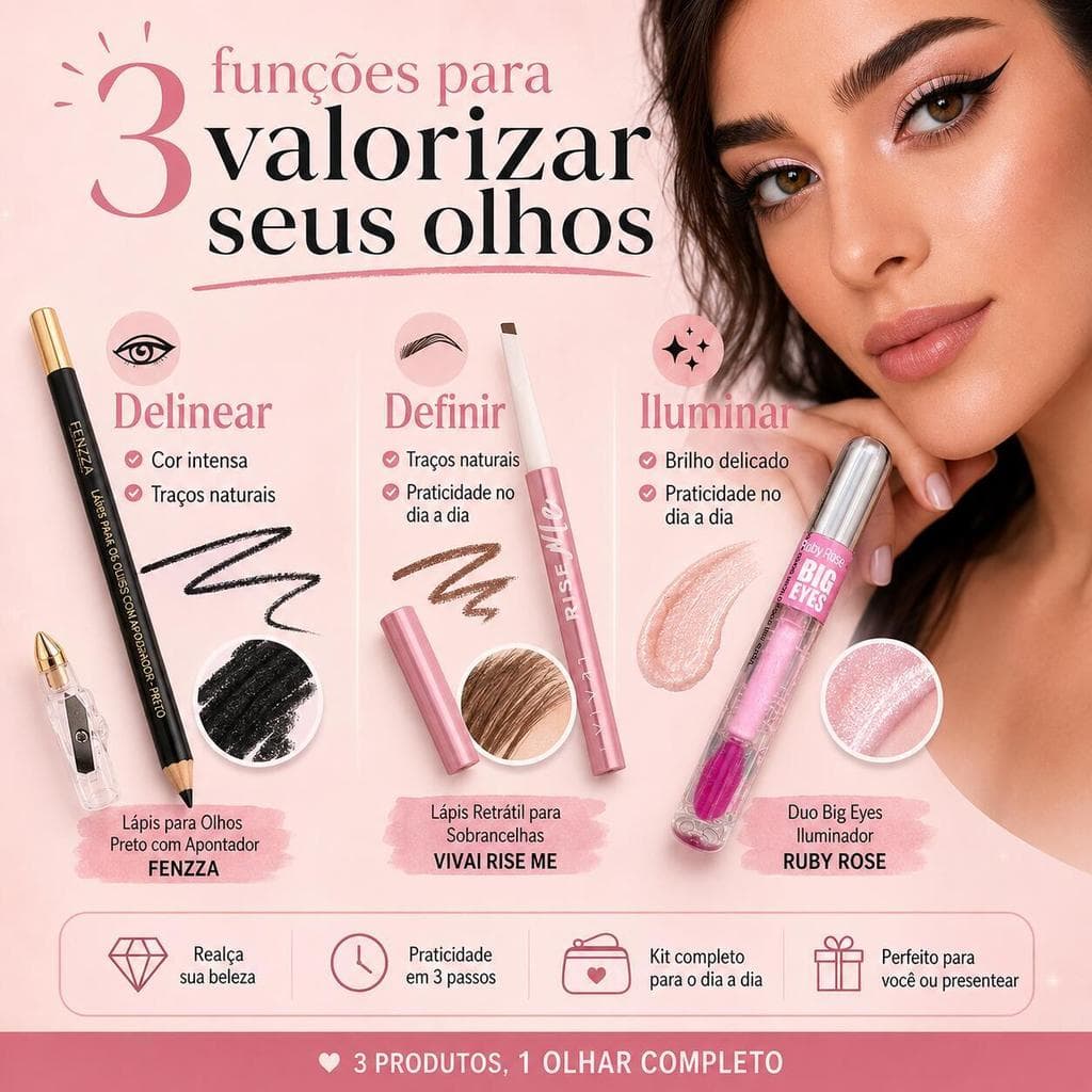 Kit Olhos Completo 3 em 1 Lápis de Olho + Sobrancelha + Iluminador Maquiagem Feminina