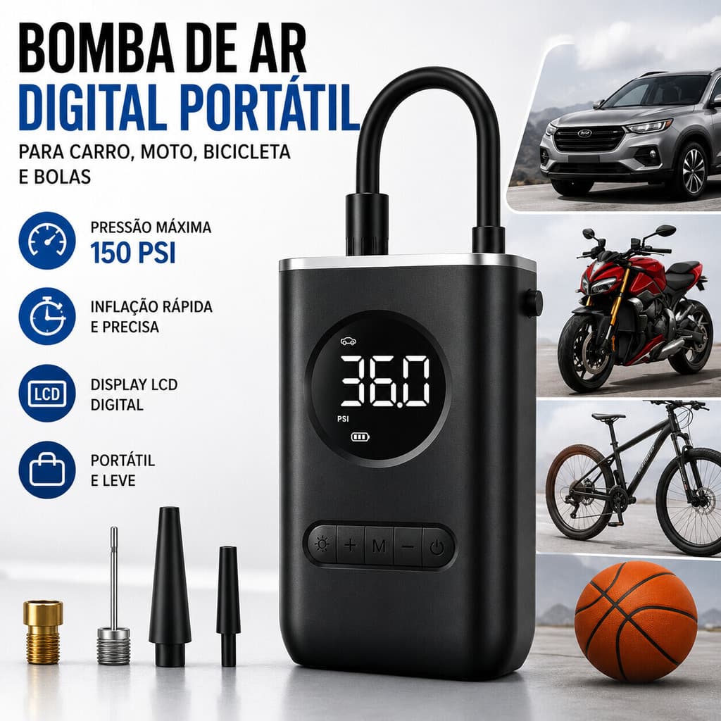 Compressor de Ar Portátil Digital MCH2505 Bomba para Pneus Carro Moto Bicicleta Bolas e Infláveis
