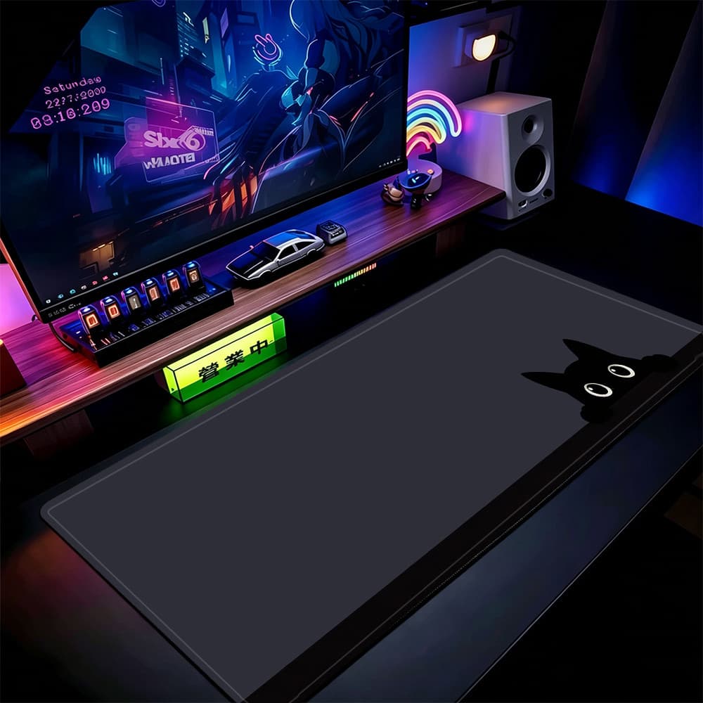 Grande Jogo Mouse Pad Antiderrapante 80X30 CM Impressões Personalizadas Mousepad Costurado Borda Cinza Preto Gato Bonito