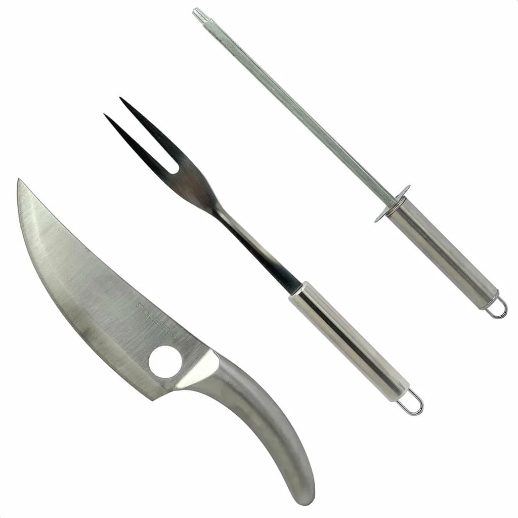 Kit Churrasco 3 Peças Faca Garfo Chaira Aço Inox Presente