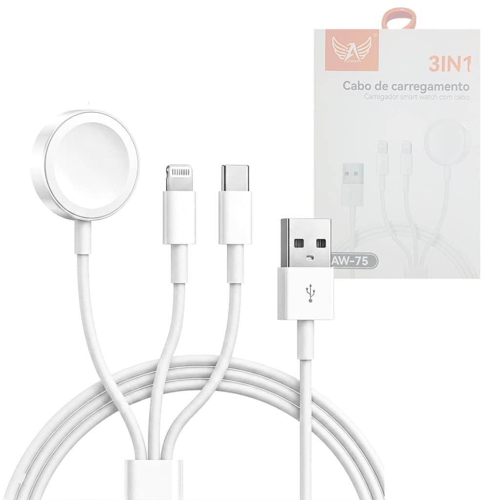 Cabo de Carregamento 3 em 1 Conexão Tipo-C, Lightning e Smart iWatch Altomex AW-75