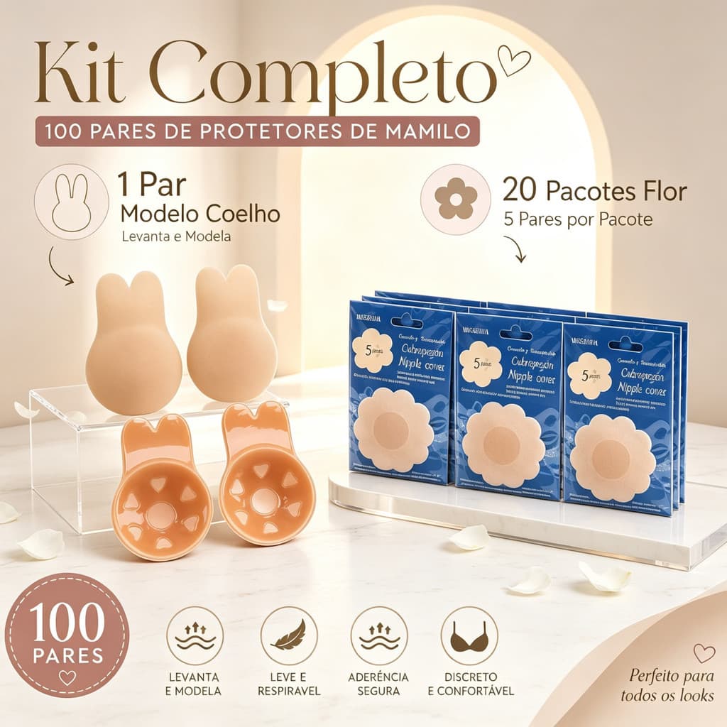 Kit Protetor de Seios 100 Pares Flor + Adesivo Coelho – Sutiã Invisível para Festas e Decotes