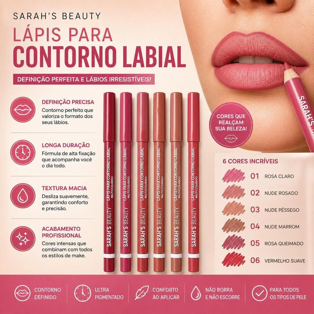 Lápis de Contorno Labial Sarah's Beauty S3211 Efeito Matte Textura Macia Longa Duração
