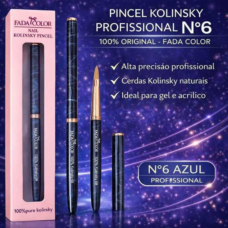 Pincel Kolinsky Profissional Fada Color para Unhas Gel Acrílico Nail Art Azul