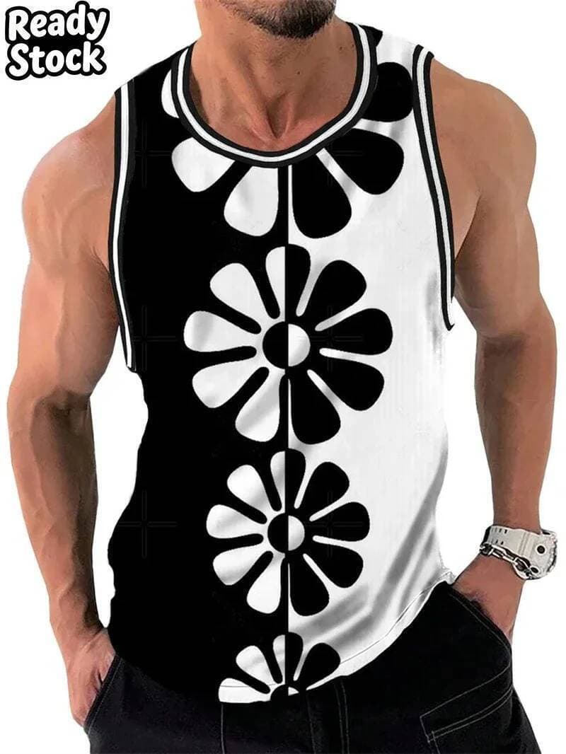 Praia Verão Estilo 3D Flor Impressão Regata Masculina Simples Casual Homem Sem Mangas Camisa Respirável Ginásio Fitness