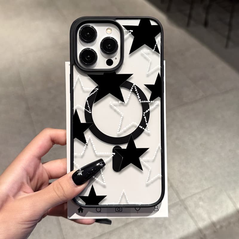 Capinha Magnética Estampa Estrela Preto‑Branco Anti‑Impacto para iPhone 14 Pro Max/13/12/11 Série