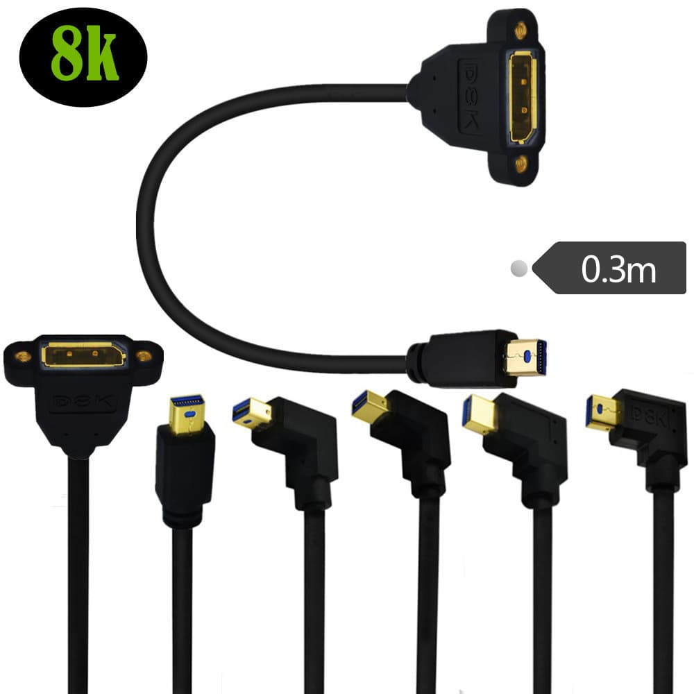 Cotovelo macho Mini DisplayPort banhado a ouro 8K toDP fêmea com cabo de exibição de cabo de fixação de ouvido