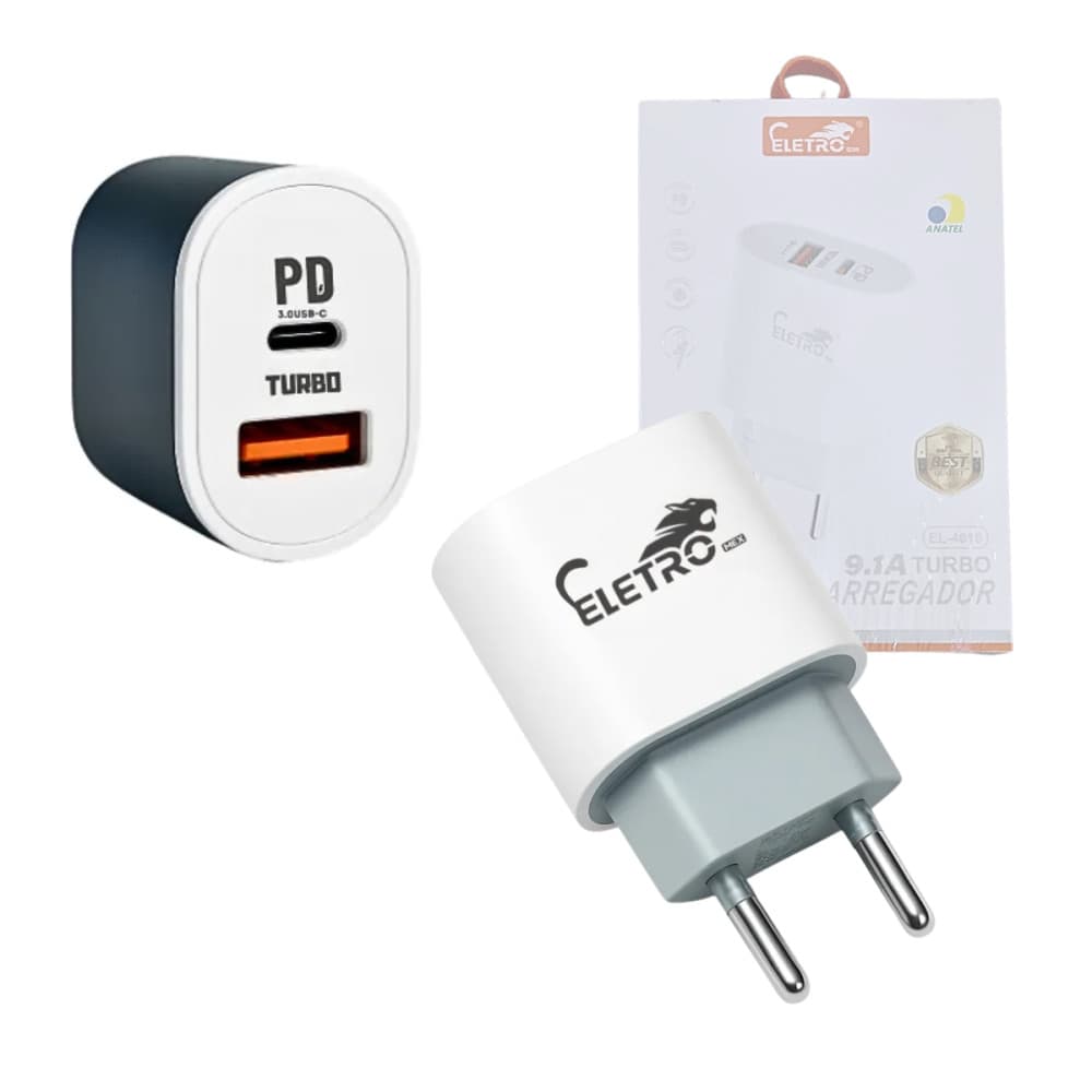 Fonte Carregador 9.1A com 02 Portas USB e TIPO-C 40W TURBO Eletromex EL-4016